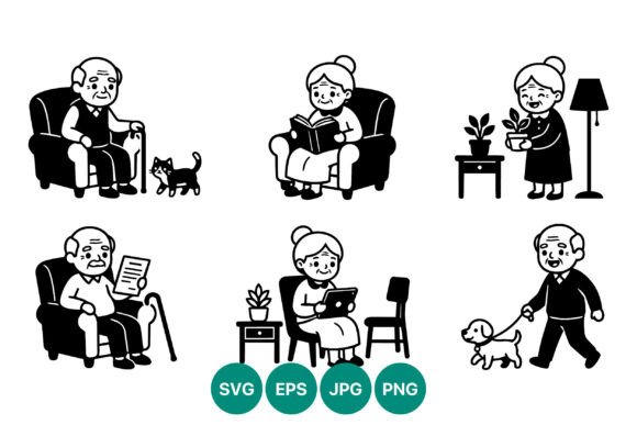 Elderly Couple Line Art Pets Reading