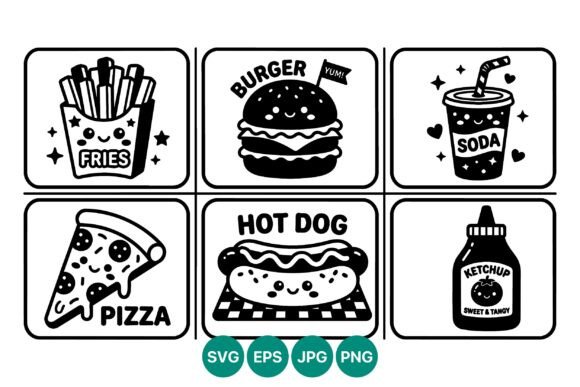Kawaii Fast Food Icons Black White Review